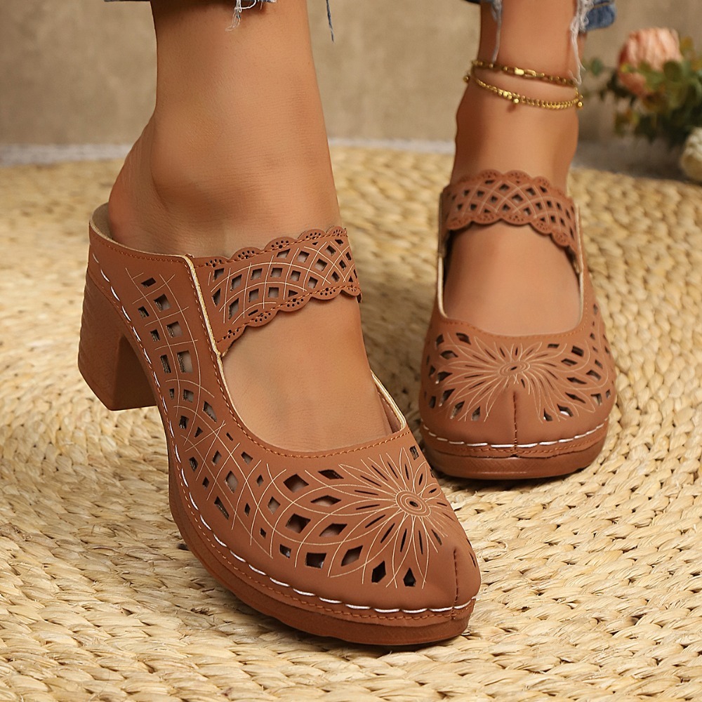Vintage Old Fashion - Sandálias Mules Femininas com Recortes Vazados,