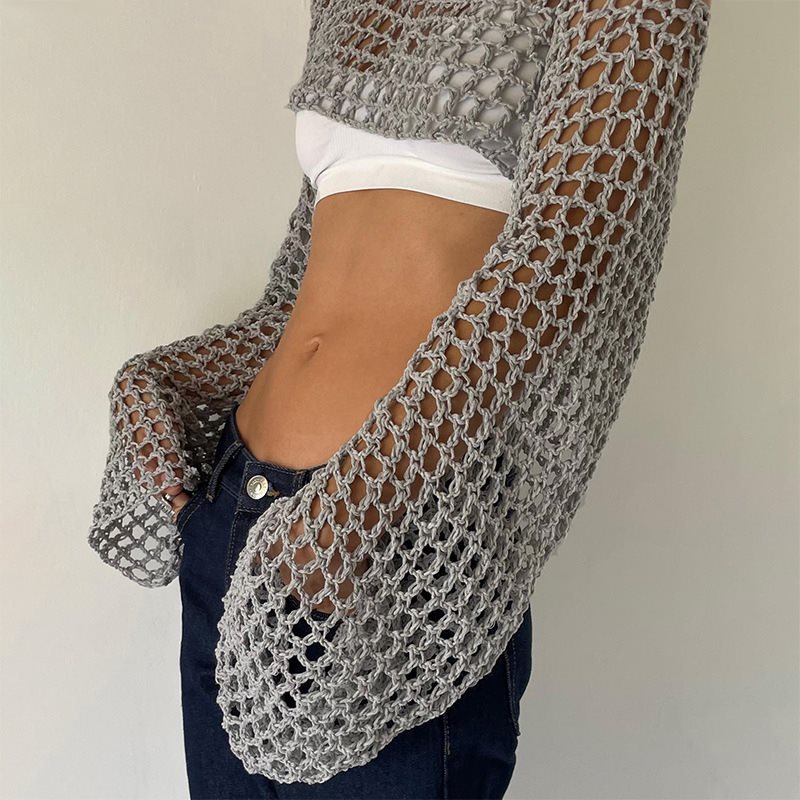 Crochet Top Boho - Top de crochê de manga comprida