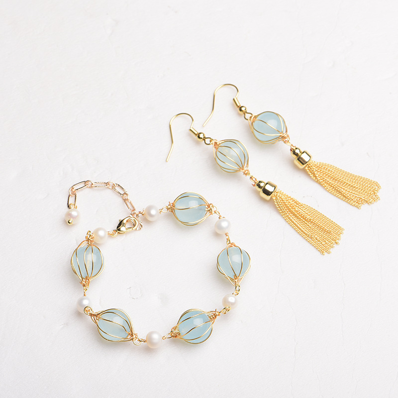 Vintage Fashion Designer - Azul natural jade grânulo brincos acessórios