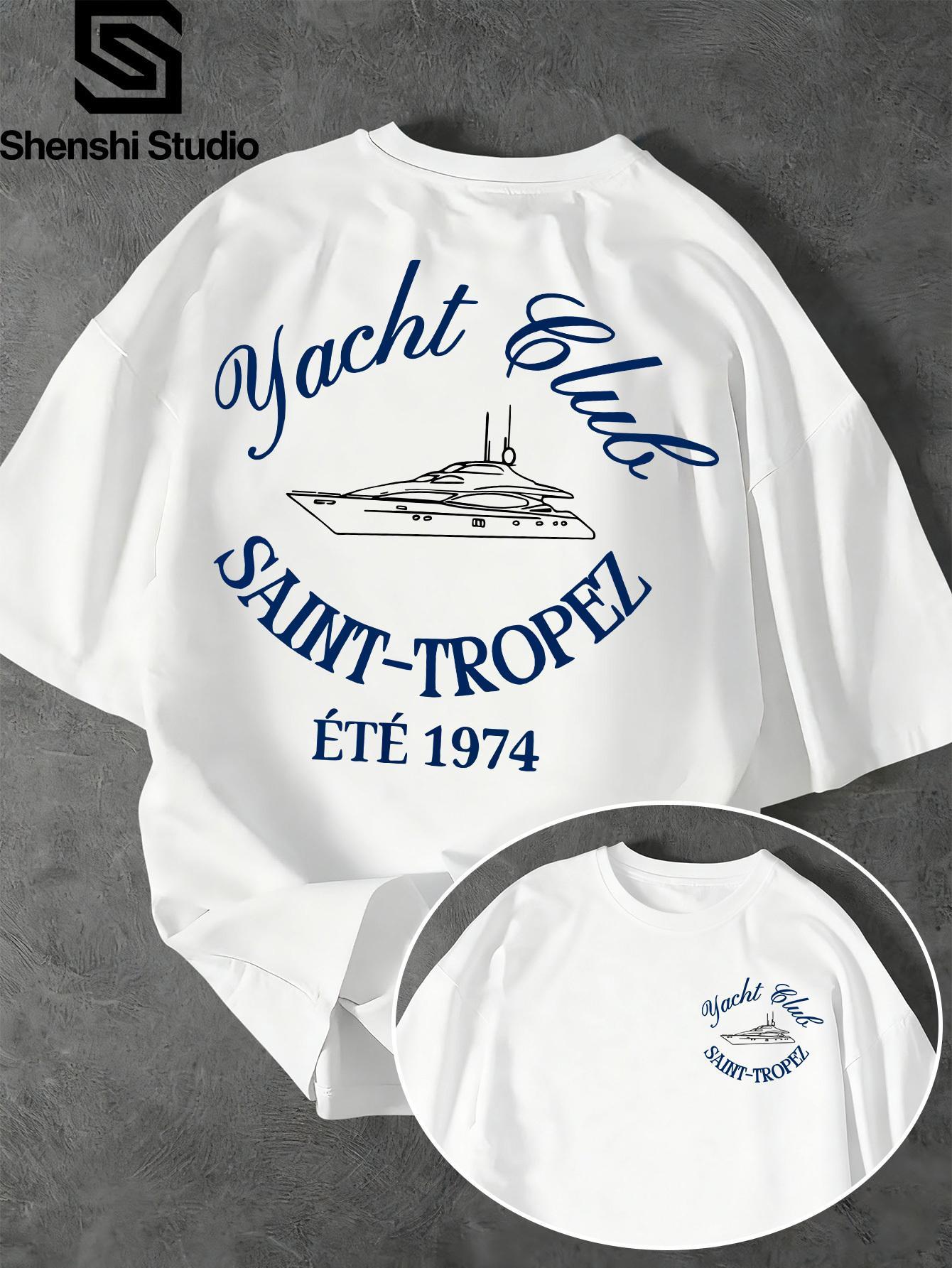 Vintage Yacht Fashion - Camiseta Branca com Estampa Azul do